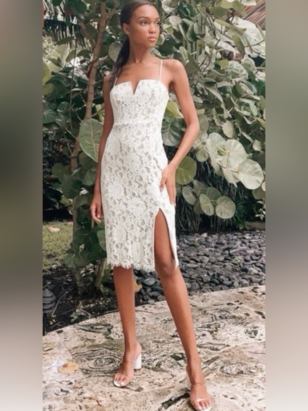 Lulu's White Lace Midi Dress with Sweetheart Neckline and Slit